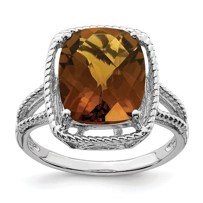 Sterling Silver Rhodium Checker Cut Whiskey Quartz Ring (Size 5 Only)