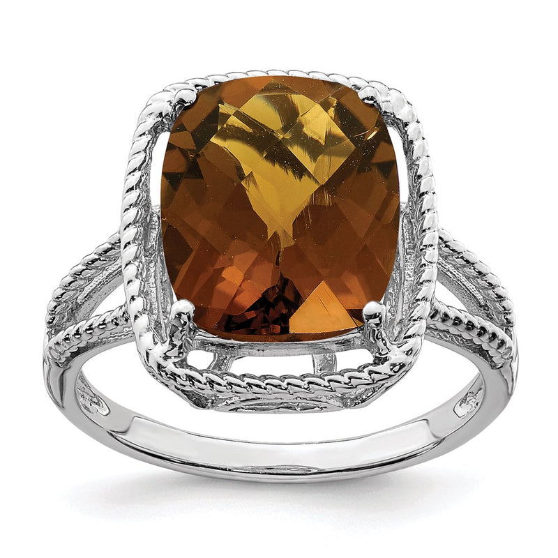 Sterling Silver Rhodium Checker Cut Whiskey Quartz Ring (Size 5 Only)