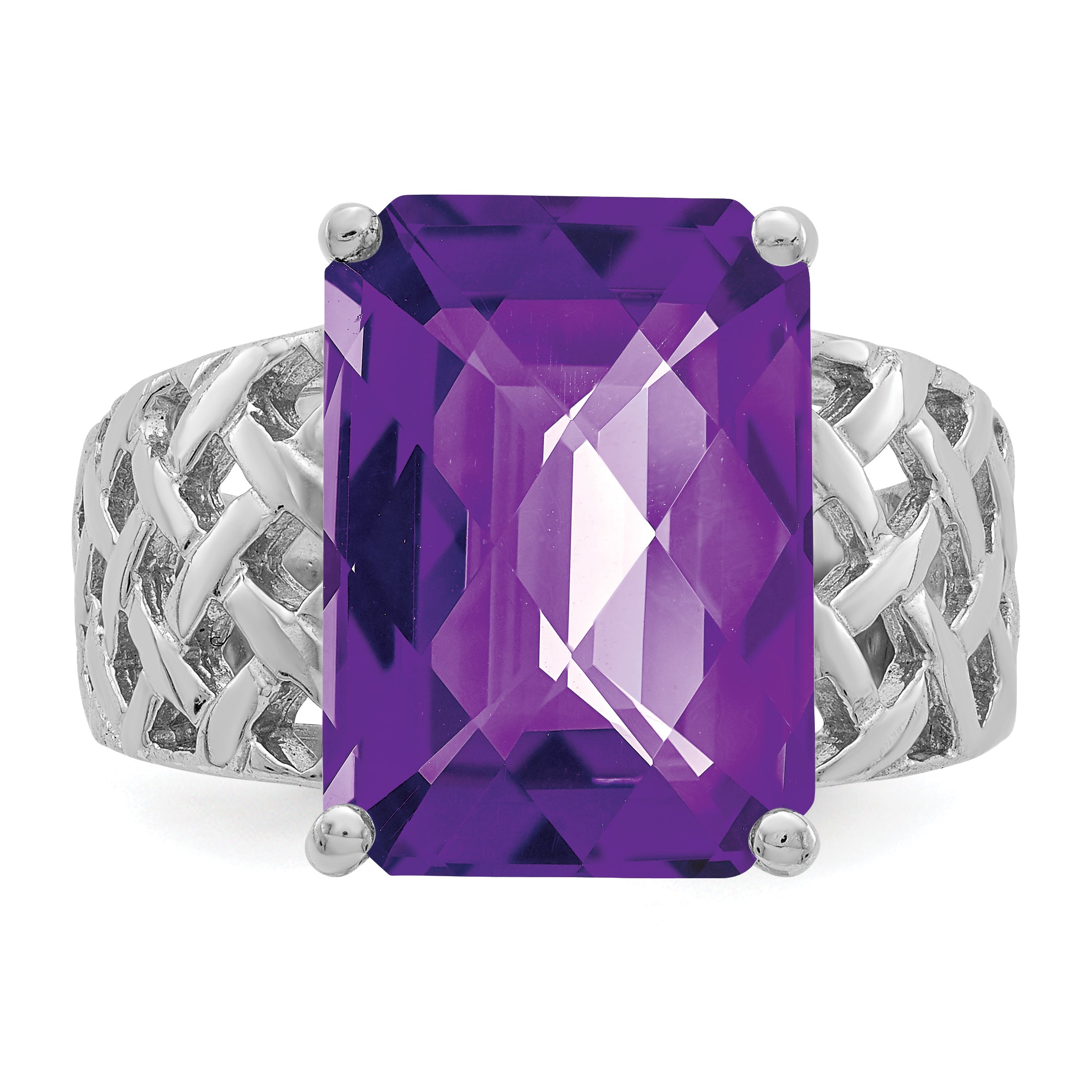 Sterling Silver Rhodium Plated Octagonal Checker Cut Amethyst Ring (Size 7 Only)