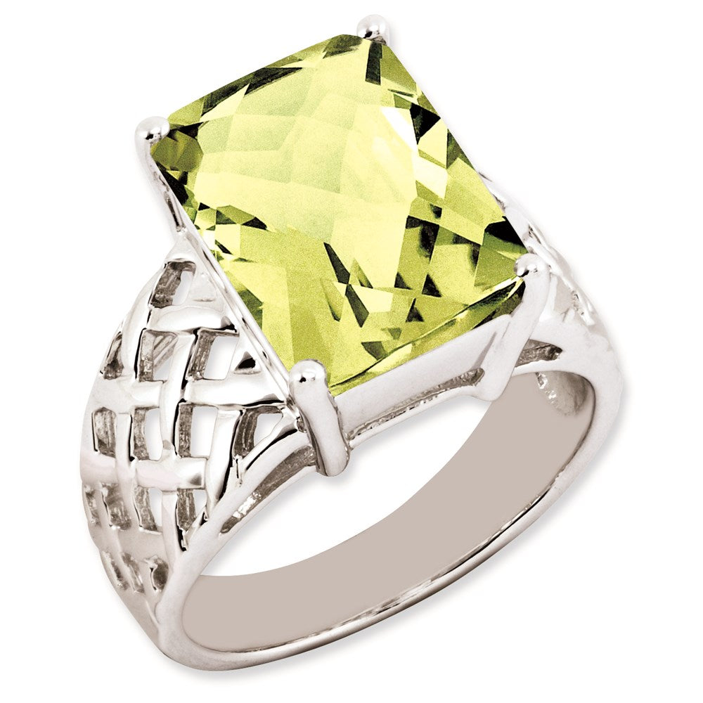 Sterling Silver Rhodium Plated Octagonal Checker Cut Lemon Quartz Ring (Size 7 Only)