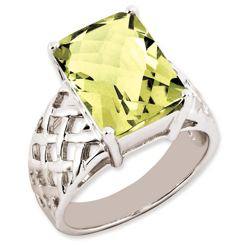 Sterling Silver Rhodium Plated Octagonal Checker Cut Lemon Quartz Ring (Size 7 Only)