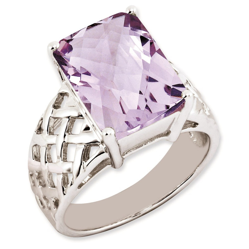 Sterling Silver Rhodium Plated Octagonal Checker Cut Pink Quartz Ring (Size 7 Only)