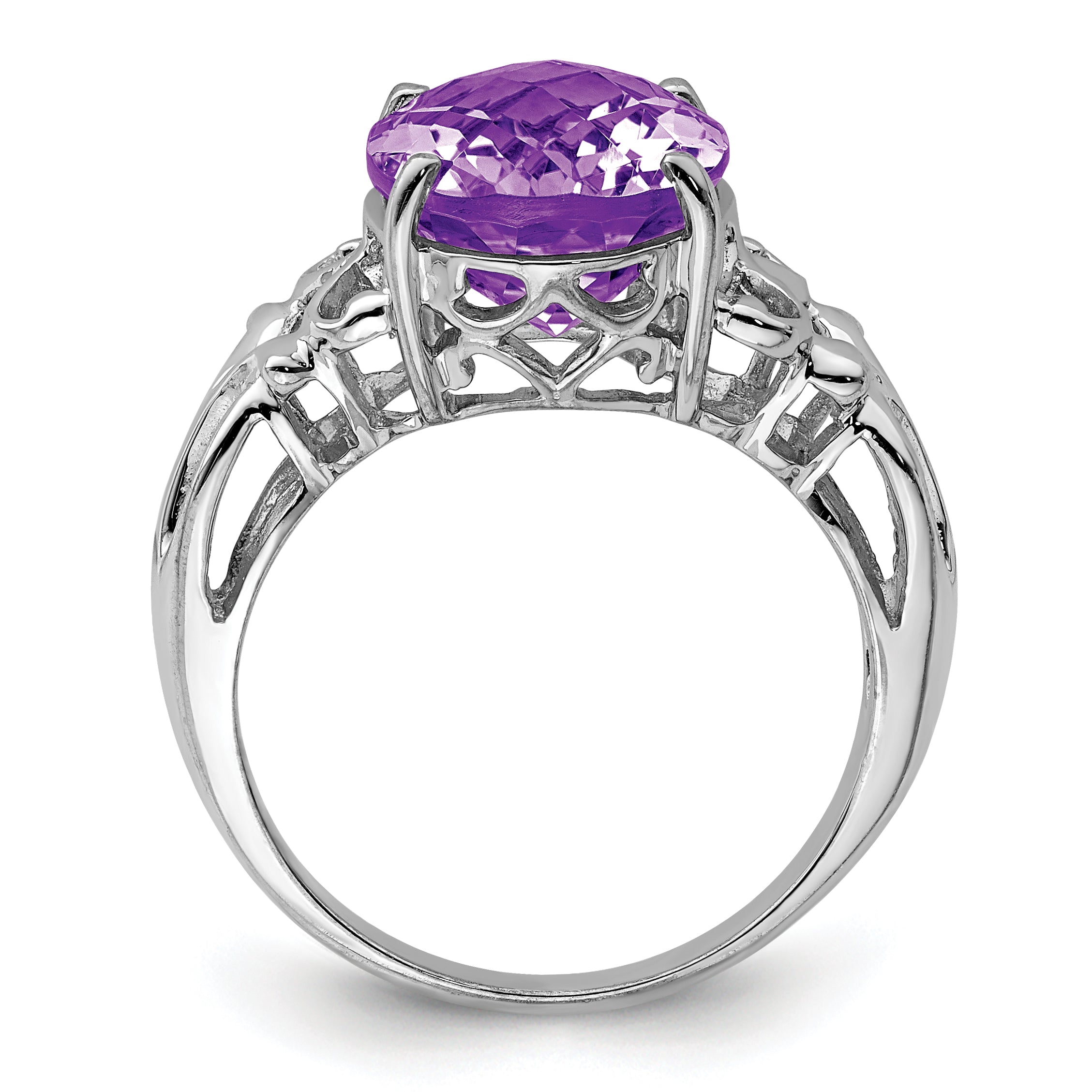 Sterling Silver Rhodium Plated Oval Checker Cut Amethyst Ring (Size 7 Only)