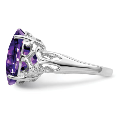Sterling Silver Rhodium Plated Oval Checker Cut Amethyst Ring (Size 7 Only)