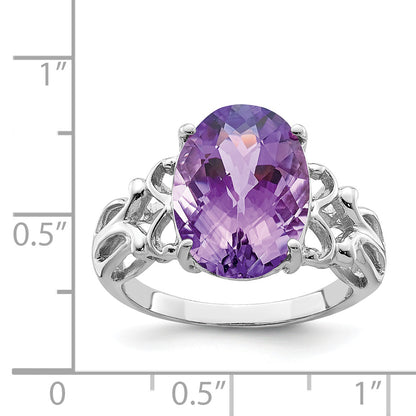 Sterling Silver Rhodium Plated Oval Checker Cut Amethyst Ring (Size 7 Only)