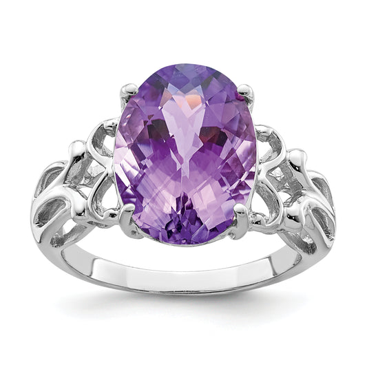 Sterling Silver Rhodium Plated Oval Checker Cut Amethyst Ring (Size 7 Only)