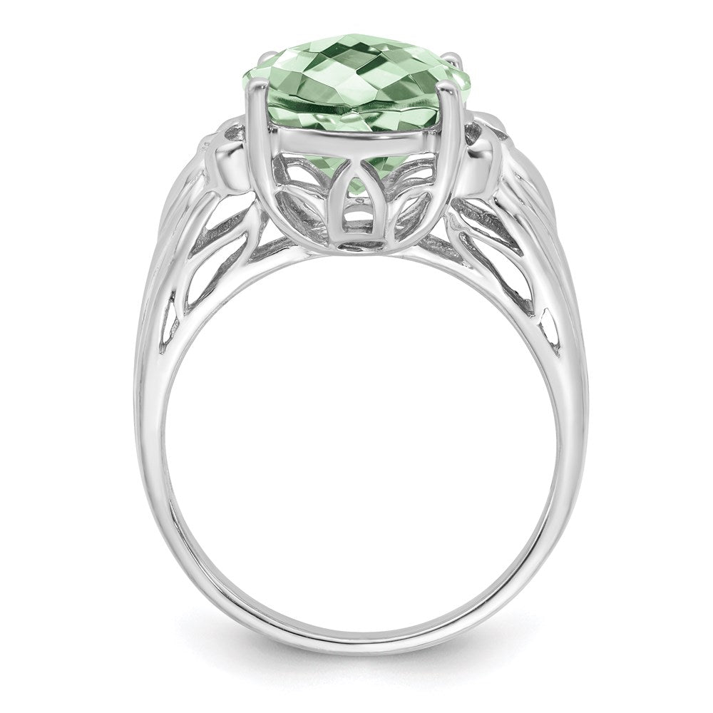 Sterling Silver Rhodium Oval Checker Cut Green Quartz Ring (Size 7 Only)