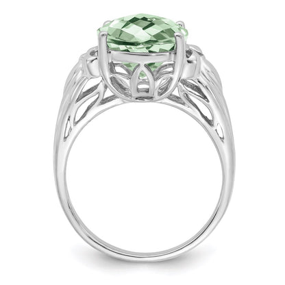 Sterling Silver Rhodium Oval Checker Cut Green Quartz Ring (Size 7 Only)