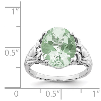 Sterling Silver Rhodium Oval Checker Cut Green Quartz Ring (Size 7 Only)