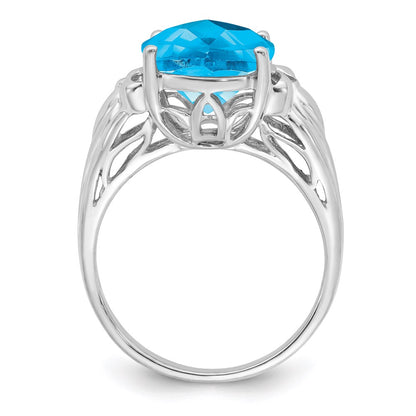 Sterling Silver Rhodium Oval Checker Cut Blue Topaz Ring (Size 7 Only)