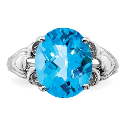 Sterling Silver Rhodium Oval Checker Cut Blue Topaz Ring (Size 7 Only)