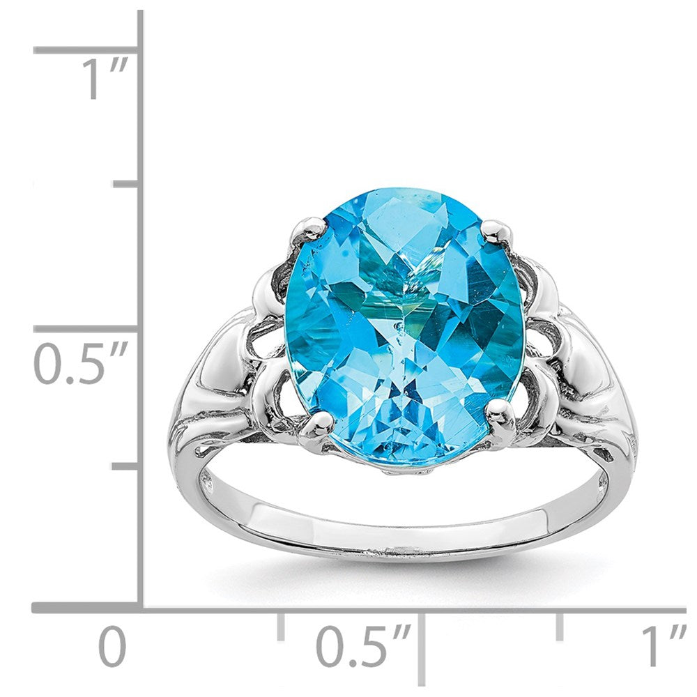 Sterling Silver Rhodium Oval Checker Cut Blue Topaz Ring (Size 7 Only)