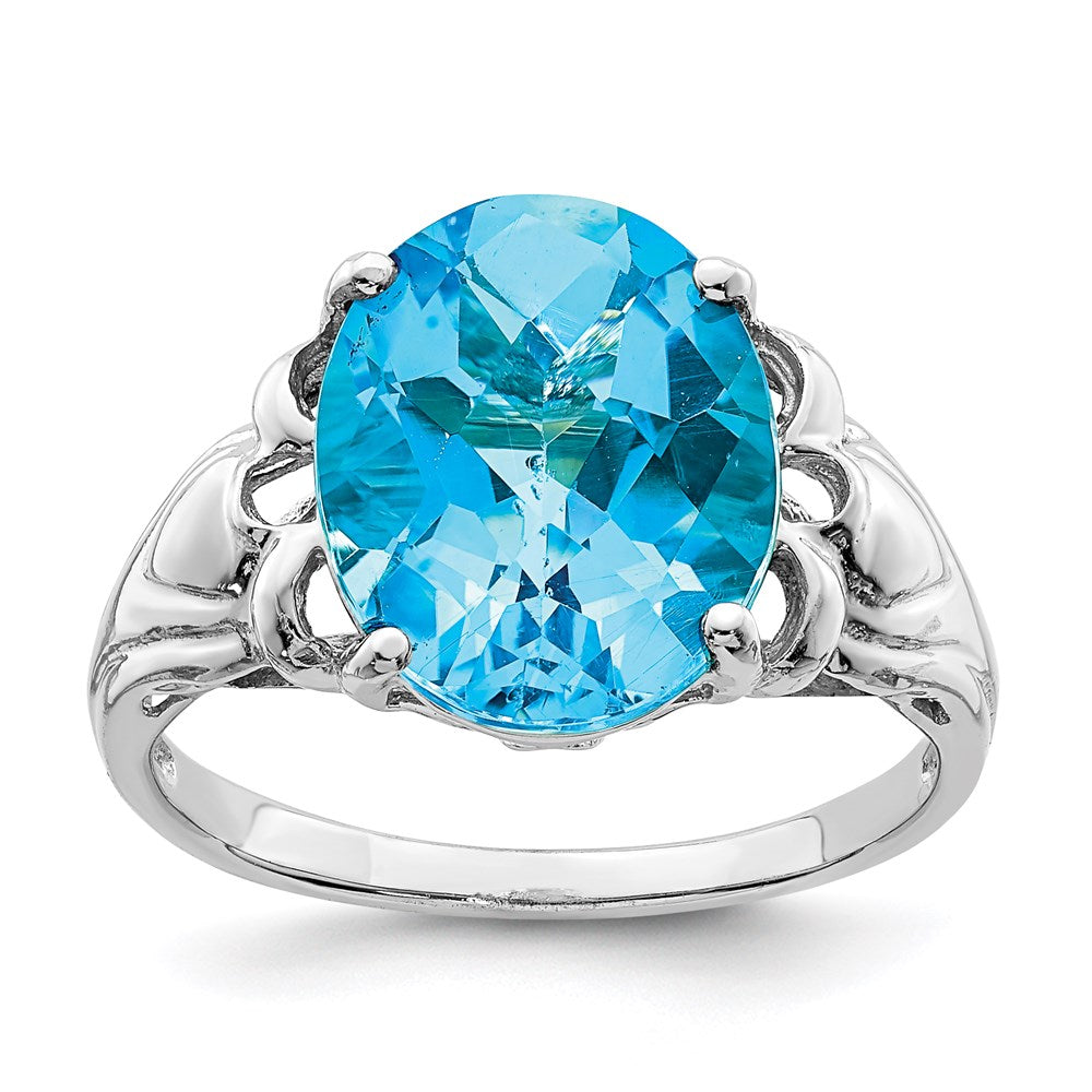 Sterling Silver Rhodium Oval Checker Cut Blue Topaz Ring (Size 7 Only)