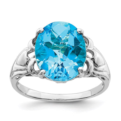 Sterling Silver Rhodium Oval Checker Cut Blue Topaz Ring (Size 7 Only)
