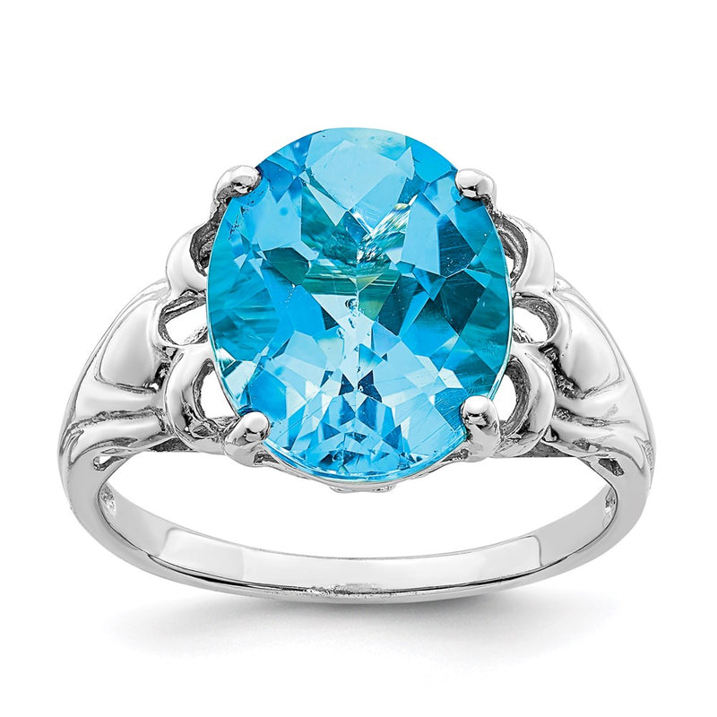 Sterling Silver Rhodium Oval Checker Cut Blue Topaz Ring (Size 7 Only)