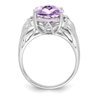 Sterling Silver Rhodium Oval Checker Cut Pink Quartz Ring (Size 7 Only)