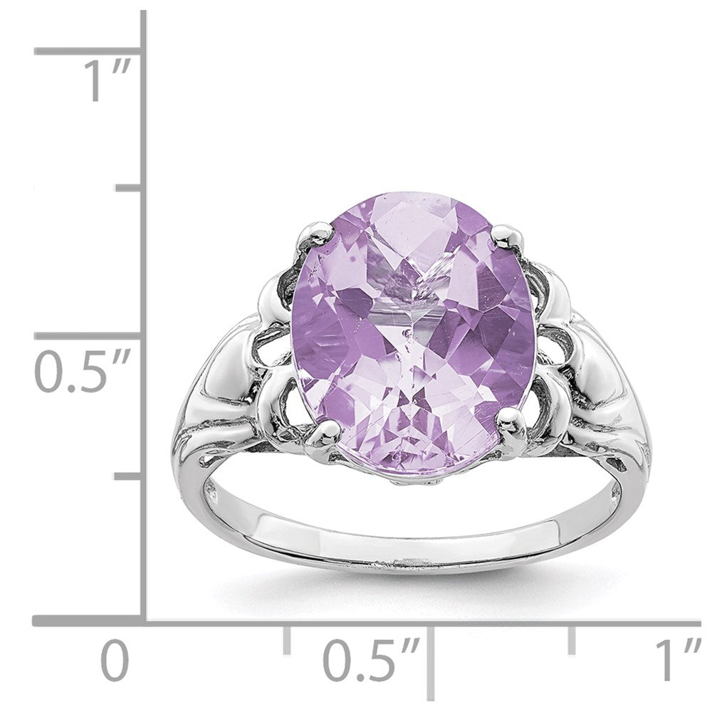Sterling Silver Rhodium Oval Checker Cut Pink Quartz Ring (Size 7 Only)