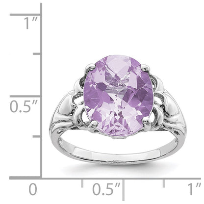 Sterling Silver Rhodium Oval Checker Cut Pink Quartz Ring (Size 7 Only)