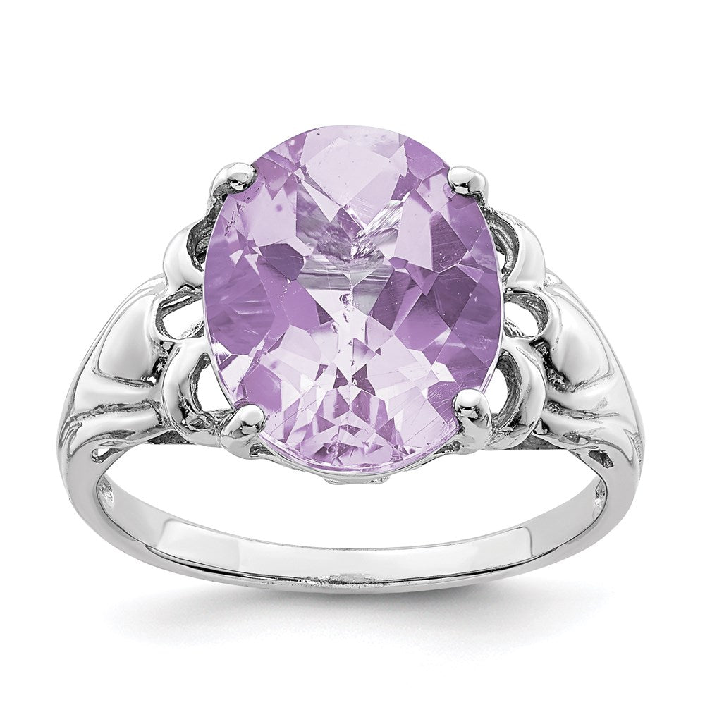 Sterling Silver Rhodium Oval Checker Cut Pink Quartz Ring (Size 7 Only)
