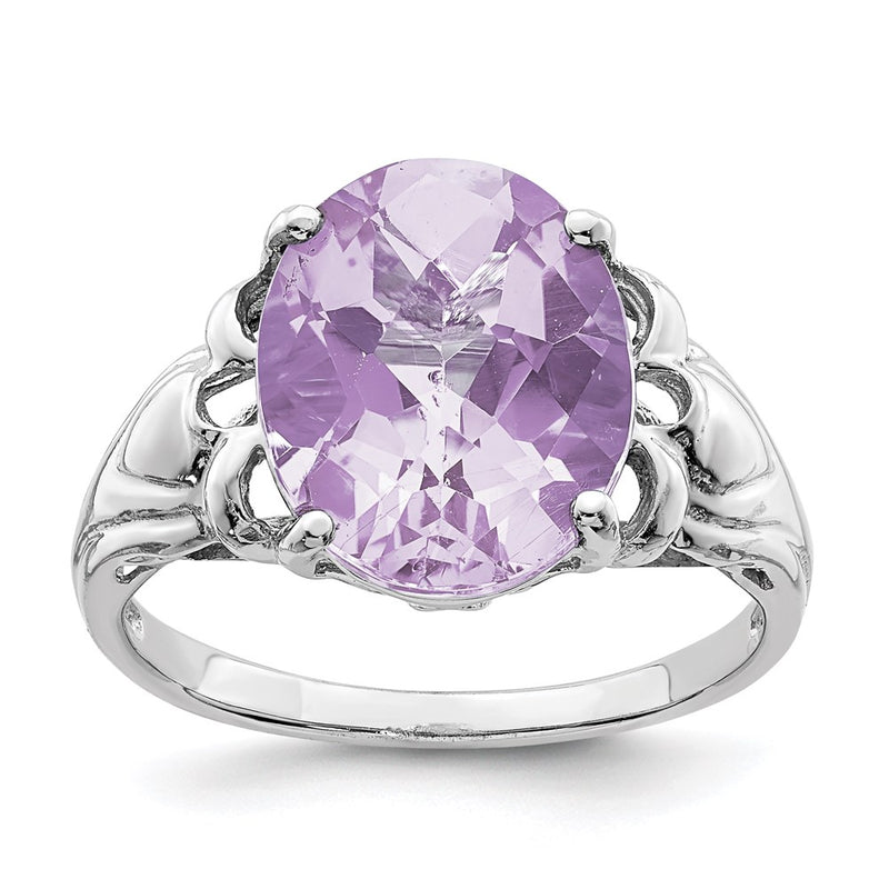 Sterling Silver Rhodium Oval Checker Cut Pink Quartz Ring (Size 7 Only)