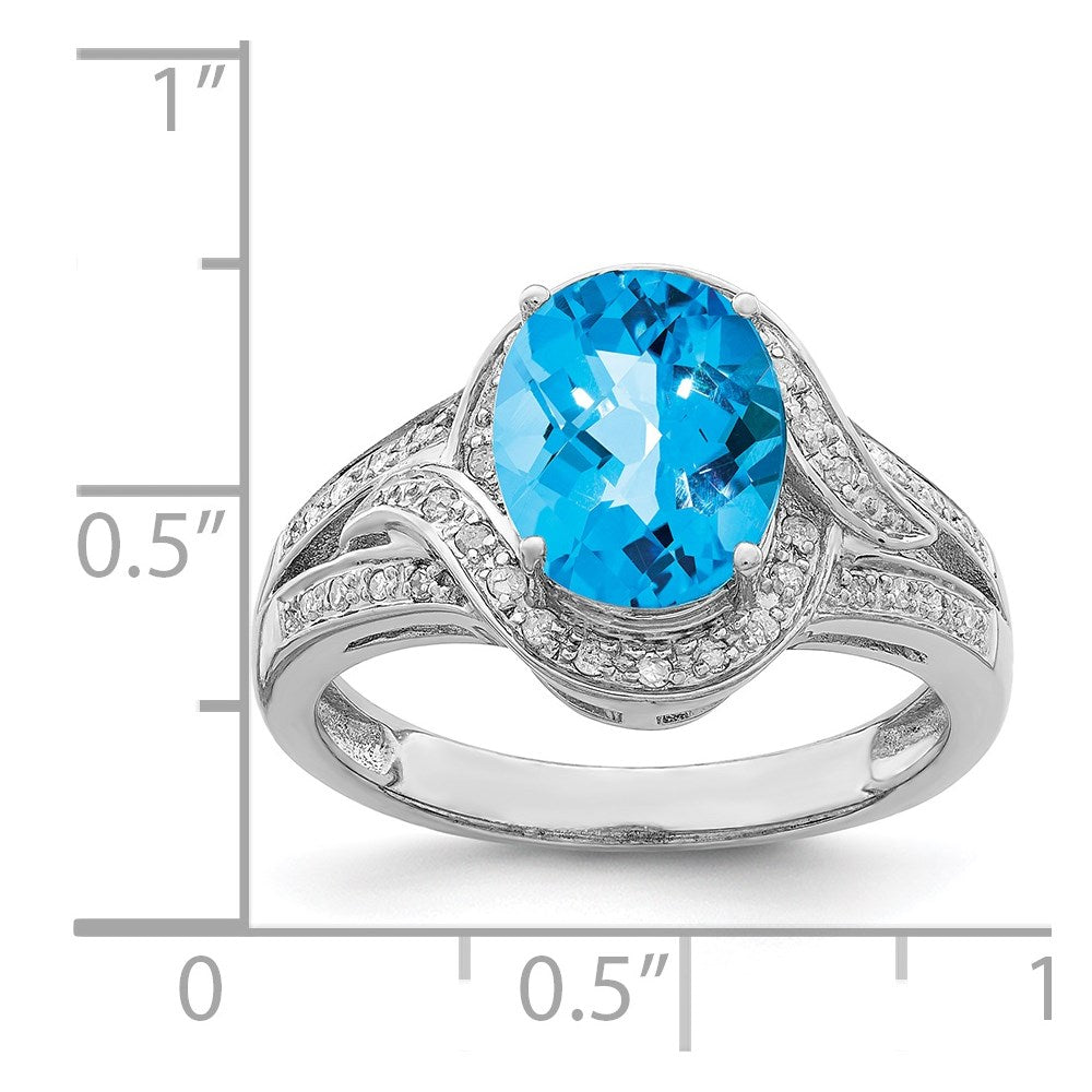 Sterling Silver Rhodium Diamond & Oval Checker Cut Blue Topaz Ring (Size 7 Only)