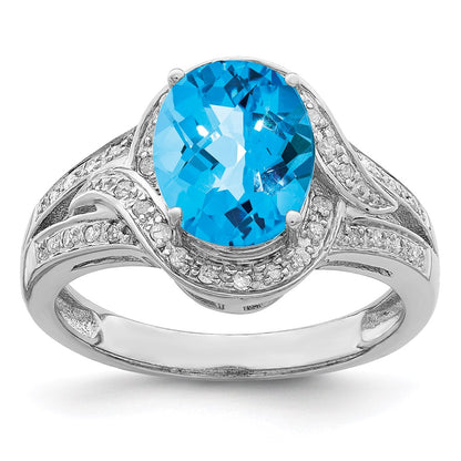 Sterling Silver Rhodium Diamond & Oval Checker Cut Blue Topaz Ring (Size 7 Only)