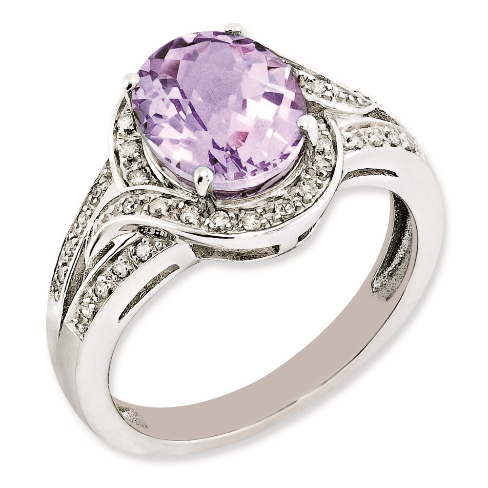Sterling Silver Rh Plated Diamond & Oval Checker Cut Pink Quartz Ring (Size 7 Only)
