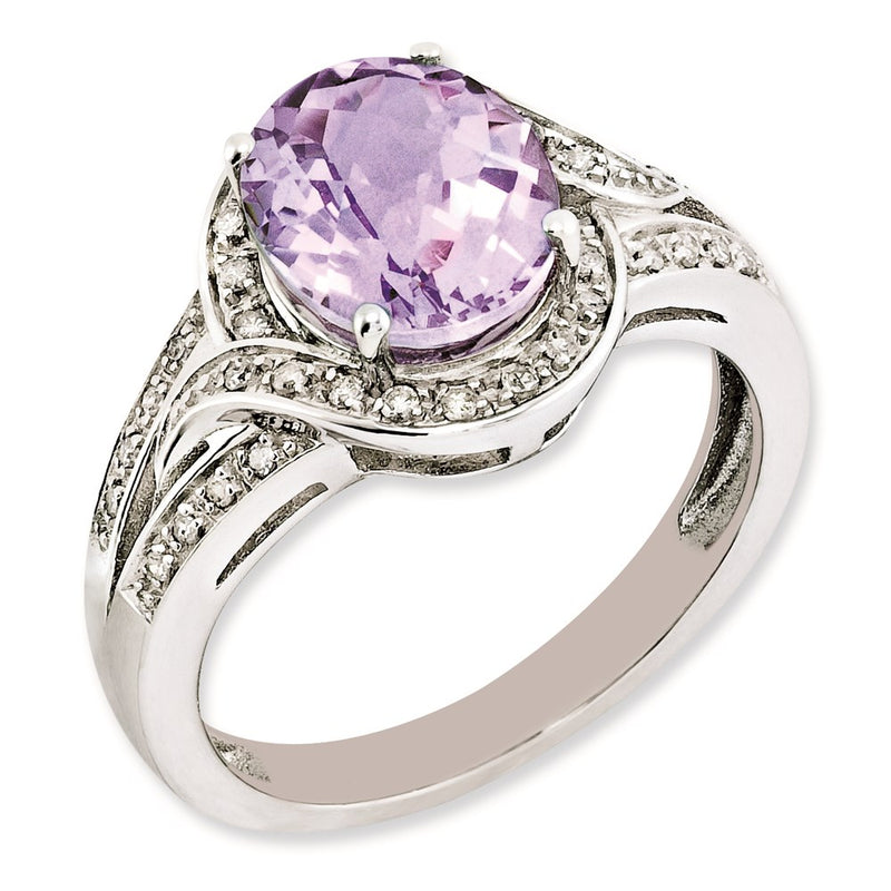 Sterling Silver Rh Plated Diamond & Oval Checker Cut Pink Quartz Ring (Size 7 Only)