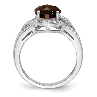 Sterling Silver Rhodium Diamond & Oval Checker Cut Smoky Quartz Ring (Size 7 Only)