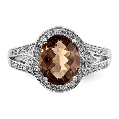 Sterling Silver Rhodium Diamond & Oval Checker Cut Smoky Quartz Ring (Size 7 Only)