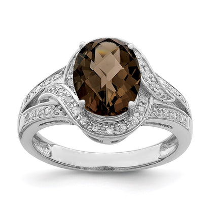 Sterling Silver Rhodium Diamond & Oval Checker Cut Smoky Quartz Ring (Size 7 Only)