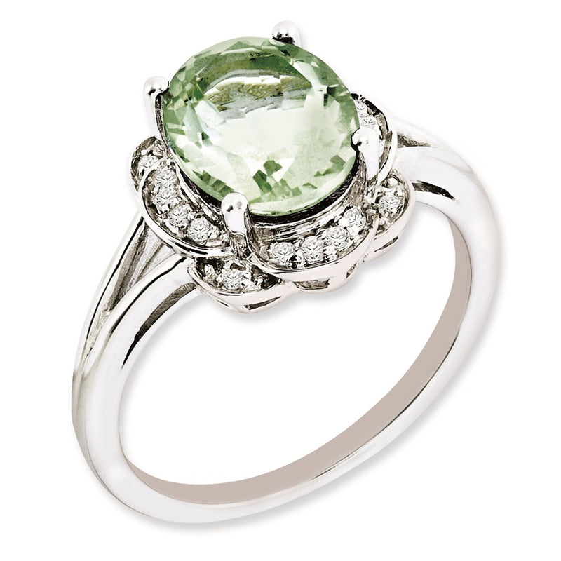 Sterling Silver Rhodium Plated Diamond & Green Quartz Ring (Size 6 Only)