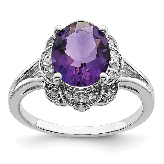 Sterling Silver Rhodium Plated Diamond & Amethyst Ring (Size 8 Only)