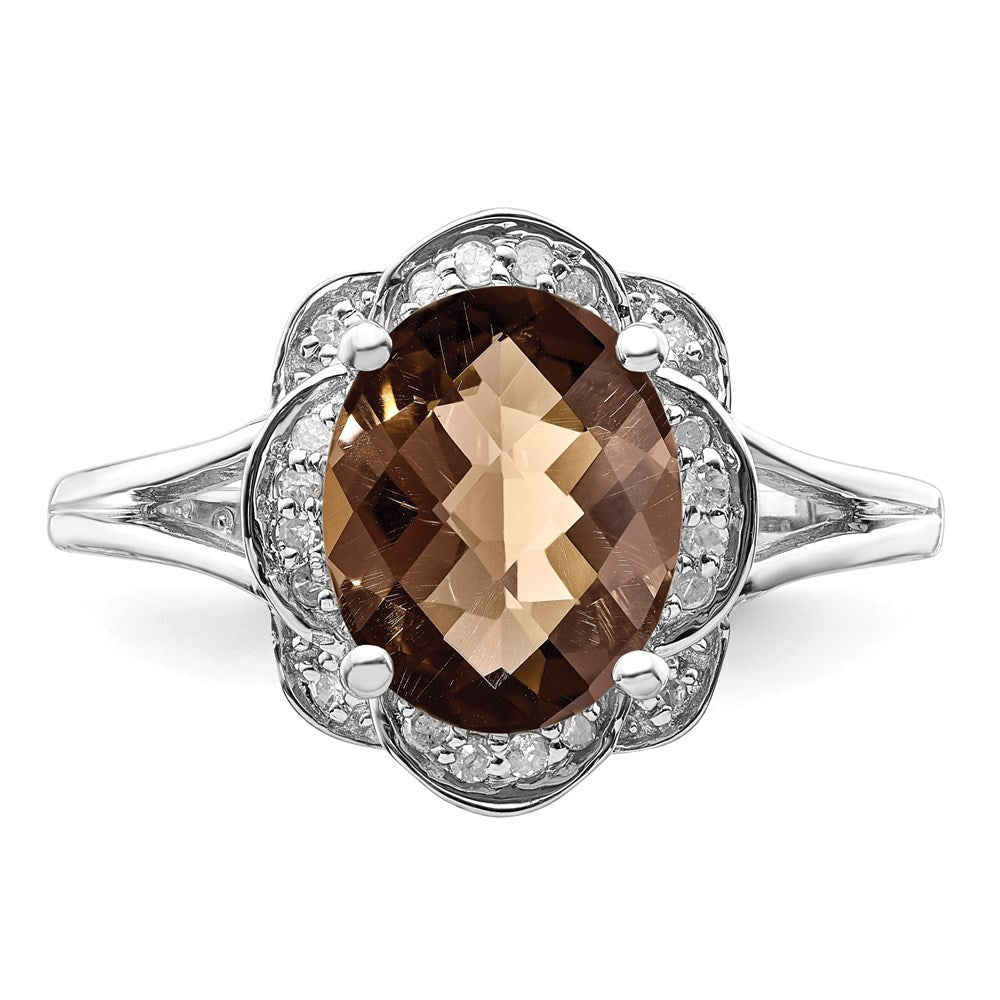 Sterling Silver Rhodium Diamond & Smoky Quartz Ring (Size 6 Only)