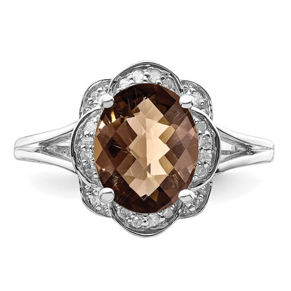 Sterling Silver Rhodium Diamond & Smoky Quartz Ring (Size 6 Only)