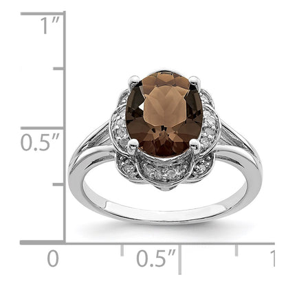 Sterling Silver Rhodium Diamond & Smoky Quartz Ring (Size 6 Only)