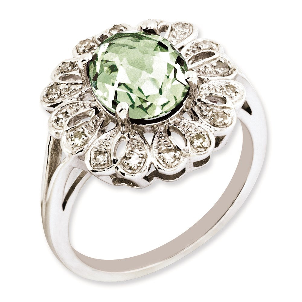 Sterling Silver Rh Plated Diamond & Oval Checker Cut Green Quartz Ring (Size 7 Only)