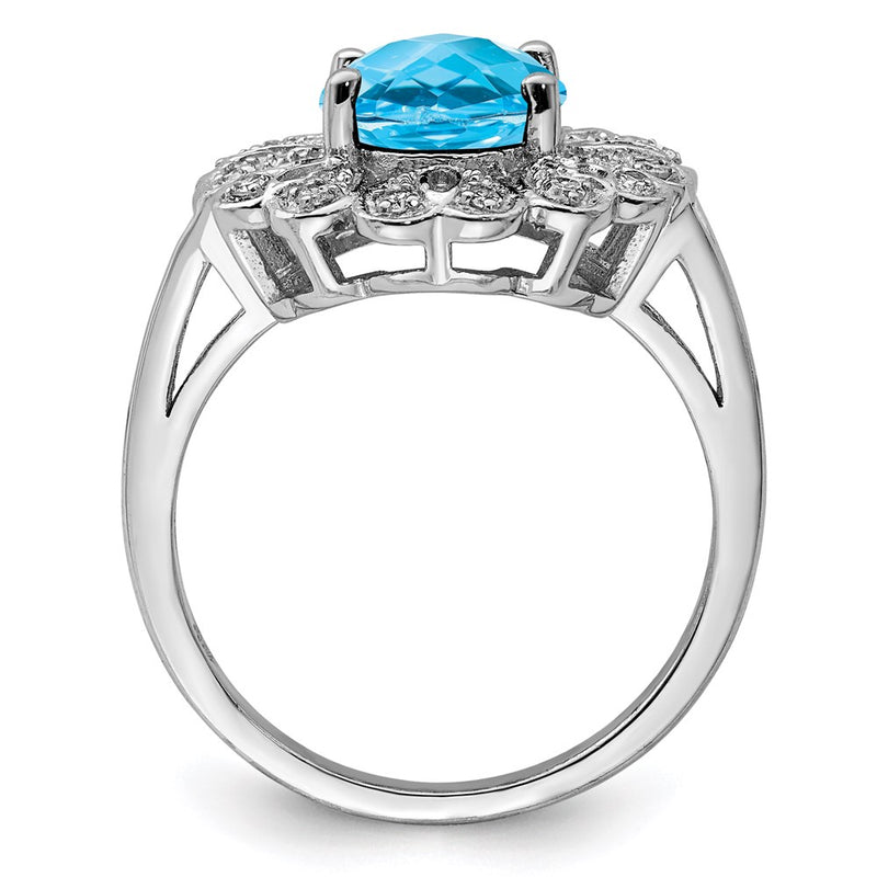 Sterling Silver Rhodium Diamond & Oval Checker Cut Blue Topaz Ring (Size 7 Only)