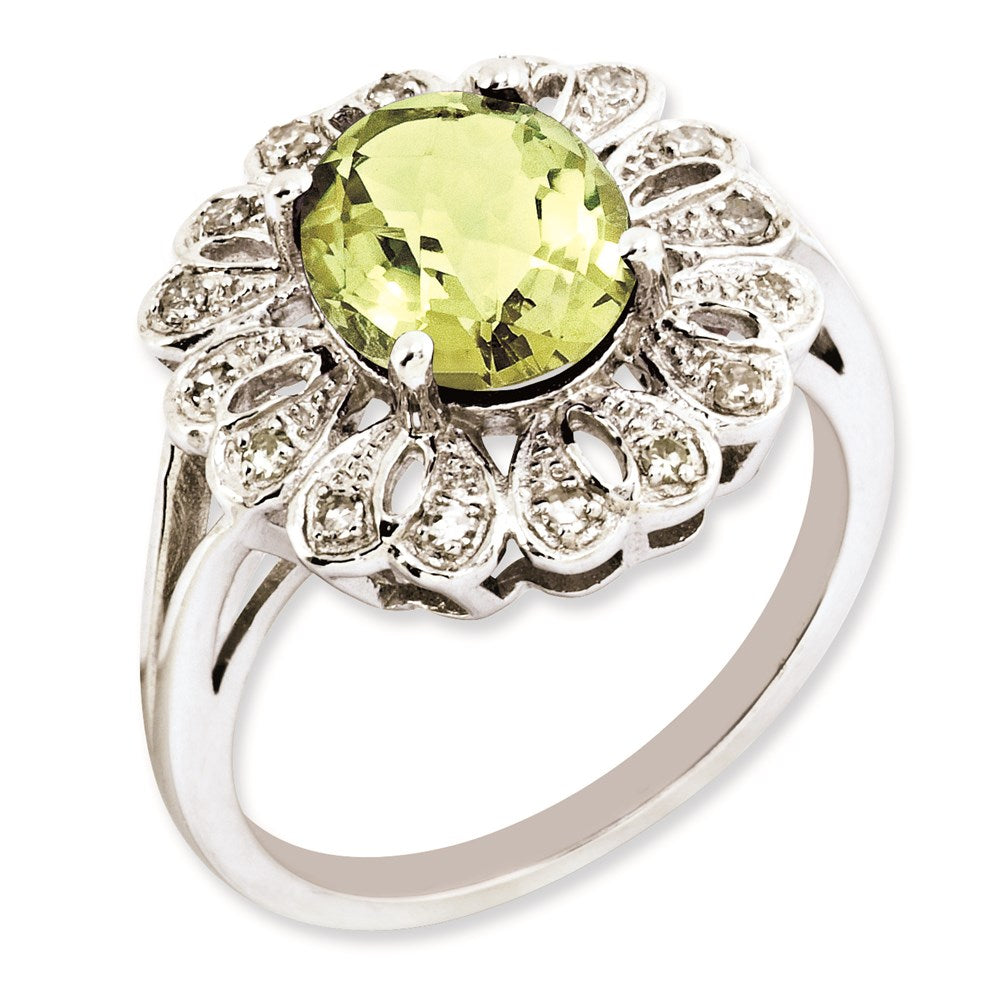 Sterling Silver Rh Plated Diamond & Oval Checker Cut Lemon Quartz Ring (Size 7 Only)