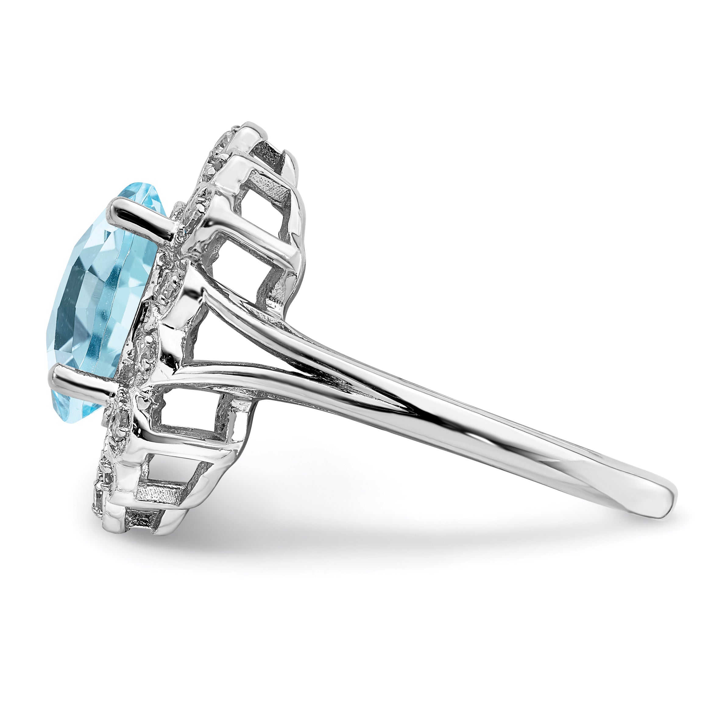Sterling Silver Rhodium Diamond & Checker Cut Sky Blue Topaz Ring (Size 7 Only)