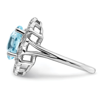 Sterling Silver Rhodium Diamond & Checker Cut Sky Blue Topaz Ring (Size 7 Only)
