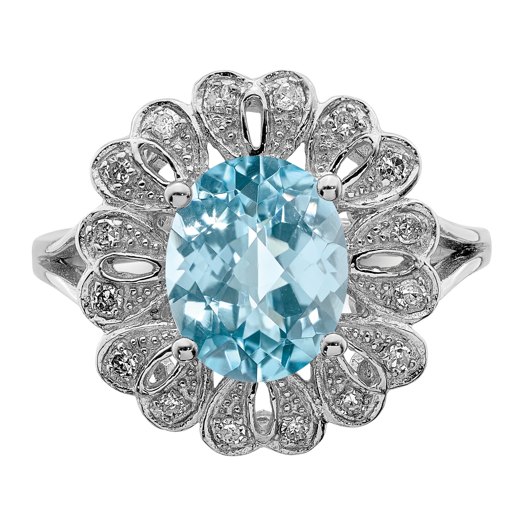 Sterling Silver Rhodium Diamond & Checker Cut Sky Blue Topaz Ring (Size 7 Only)