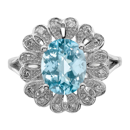 Sterling Silver Rhodium Diamond & Checker Cut Sky Blue Topaz Ring (Size 7 Only)