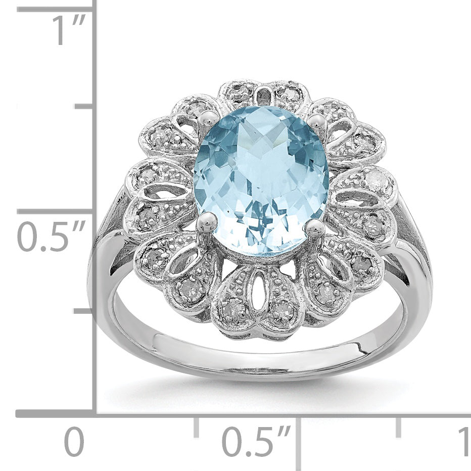 Sterling Silver Rhodium Diamond & Checker Cut Sky Blue Topaz Ring (Size 7 Only)
