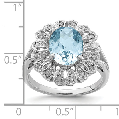 Sterling Silver Rhodium Diamond & Checker Cut Sky Blue Topaz Ring (Size 7 Only)
