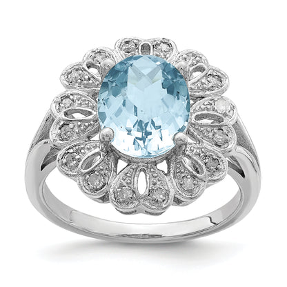 Sterling Silver Rhodium Diamond & Checker Cut Sky Blue Topaz Ring (Size 7 Only)