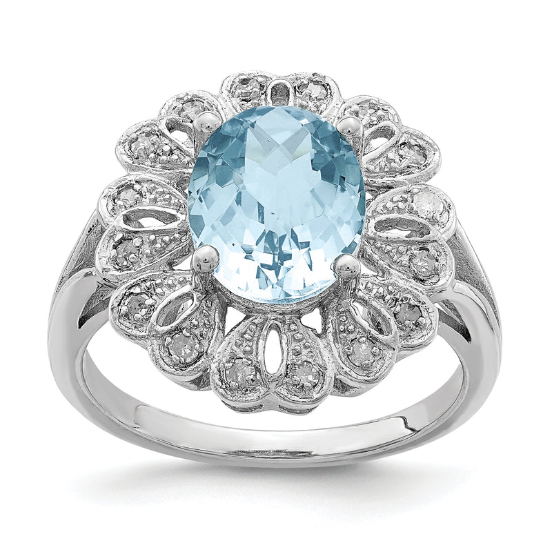 Sterling Silver Rhodium Diamond & Checker Cut Sky Blue Topaz Ring (Size 7 Only)
