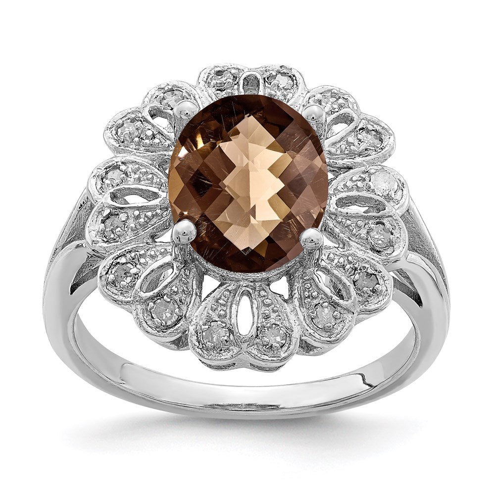 Sterling Silver Rhodium Diamond & Checker Cut Smoky Quartz Ring