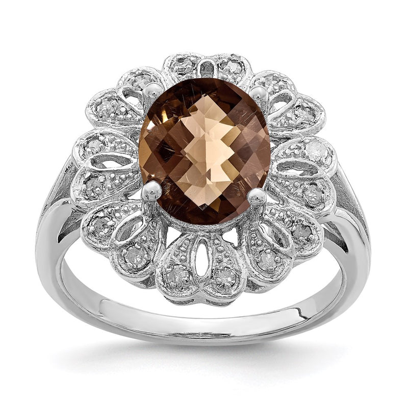 Sterling Silver Rhodium Diamond & Checker Cut Smoky Quartz Ring