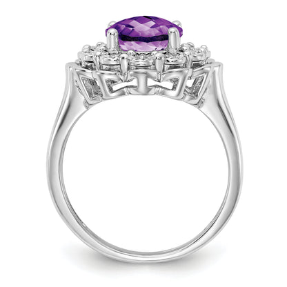 Sterling Silver Rhodium Plated Diamond & Checker Cut Amethyst Ring